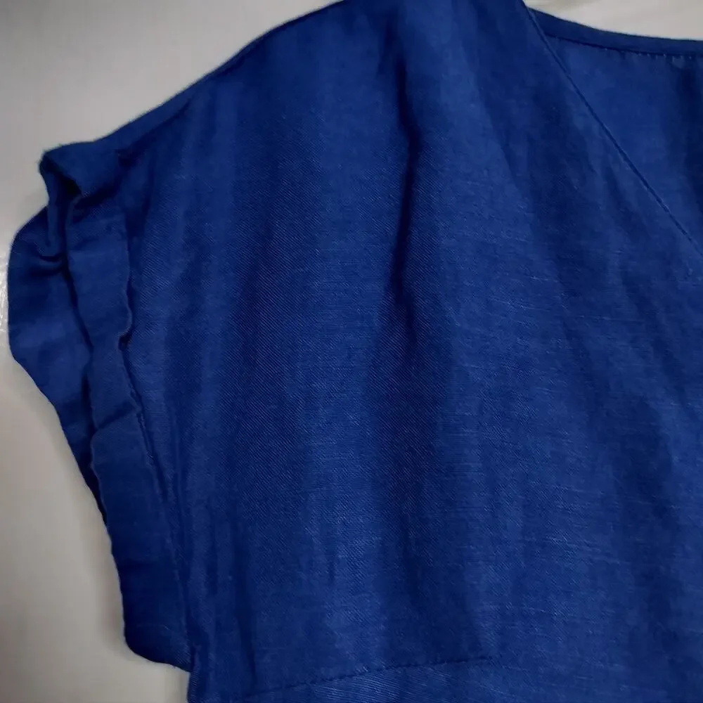 5049) Mango Blue Linen Blend V Neck Button Up Summer Beach Romper Small